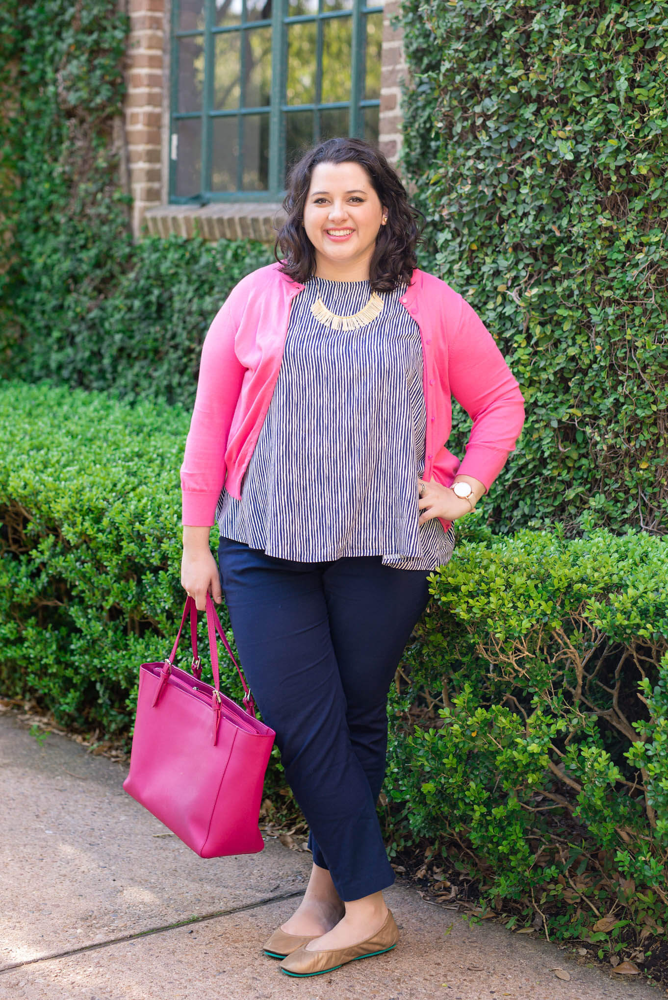 Spring Business Casual - Something Gold, Something Blue fashion blog - Colorful cardigans, navy pants, colorful totes and Tieks ballet flats make for the perfect work outfit