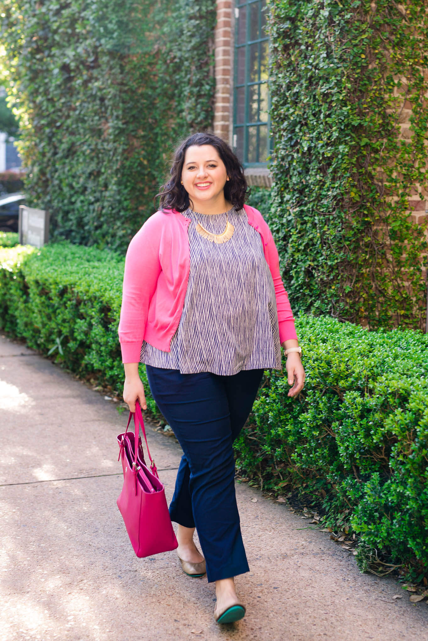 Spring Business Casual - Something Gold, Something Blue fashion blog - Colorful business casual is my favorite go to, Old Navy Top, Tieks Ballet Flats, J Crew Cardigan, Eloquii Pants, Tory Burch Tote
