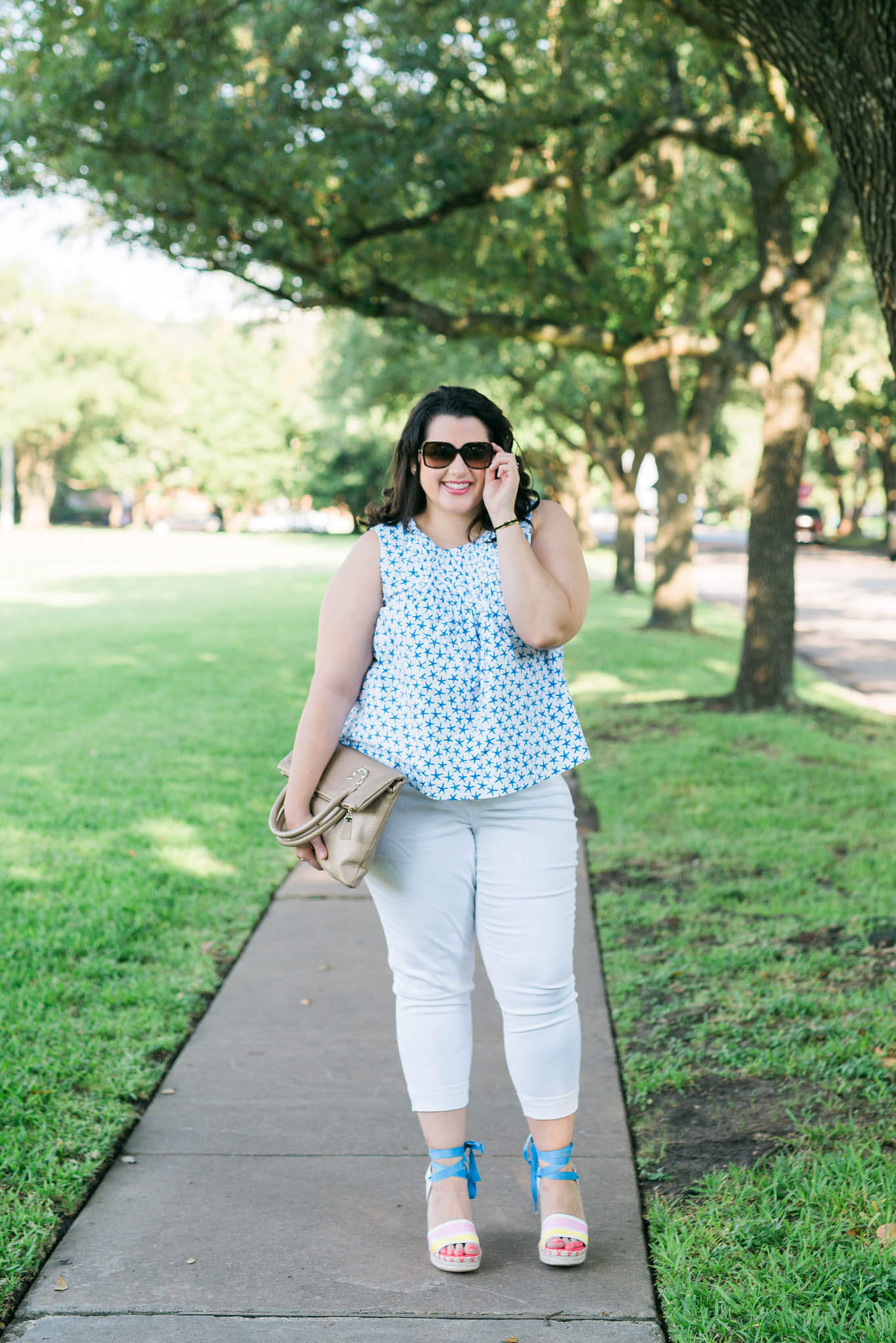 Kate Spade Summer Fun | Something Gold, Something Blue curvy style blog by Emily Bastedo | Plus Size Fashion, Summer fashion, What to wear in the summer, Kate Spade wedges, Melissa McCarthy Seven white capris, Elaine Turner purse, Chanel sunglasses, Kate Spade Broome Street collection