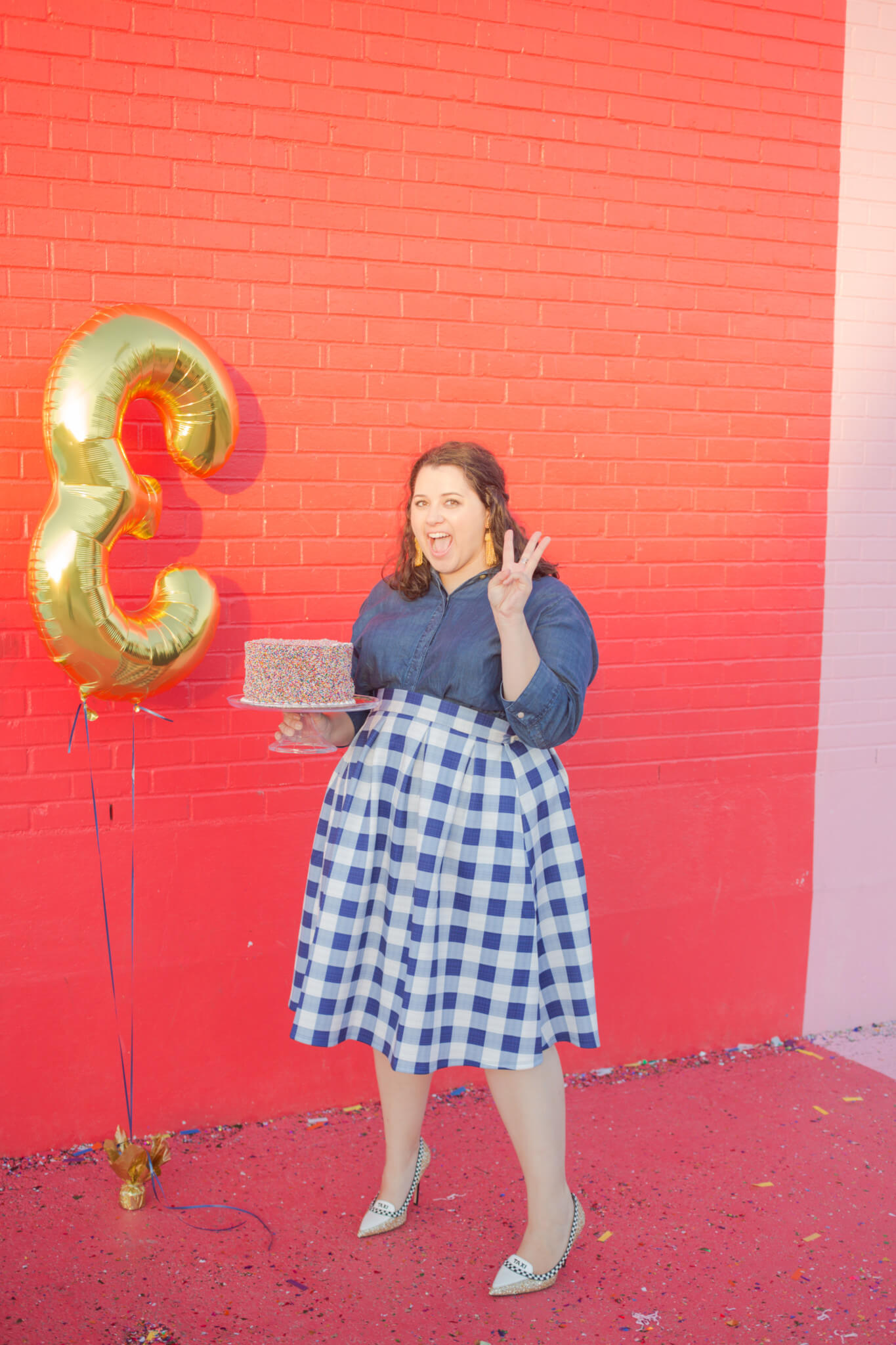 SGSB is 3 years old! I'm celebrating in an Eloquii gigham skirt, chambray top and Lisi Lerch tassel earrings. | Something Gold, Something Blue a curvy fashion blog by Emily Bastedo