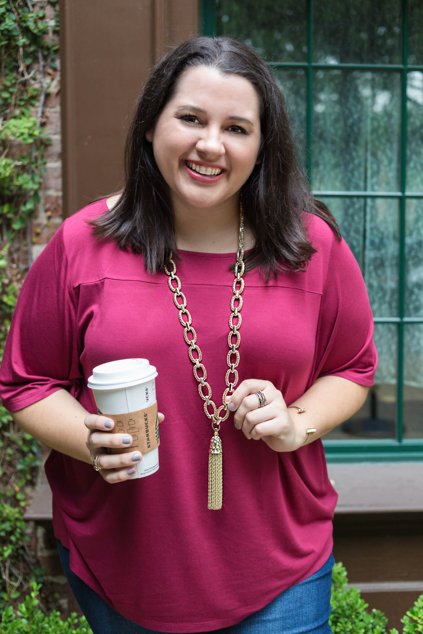 A fringe pair of jeans, a comfortable cotton top and a statement necklace makes for the perfect weekend outfit during this fall transition. This outfit is featured in the latest blog post on Something Gold, Something Blue, a curvy style blog by Emily Bastedo.