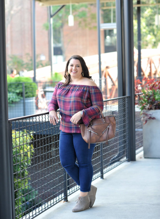 Emily Bastedo the blogger behind Something Gold, Something Blue style blog is featuring a plaid off the shoulder top from Anthropologie this fall with a vegan leather bag from Pinkstix.