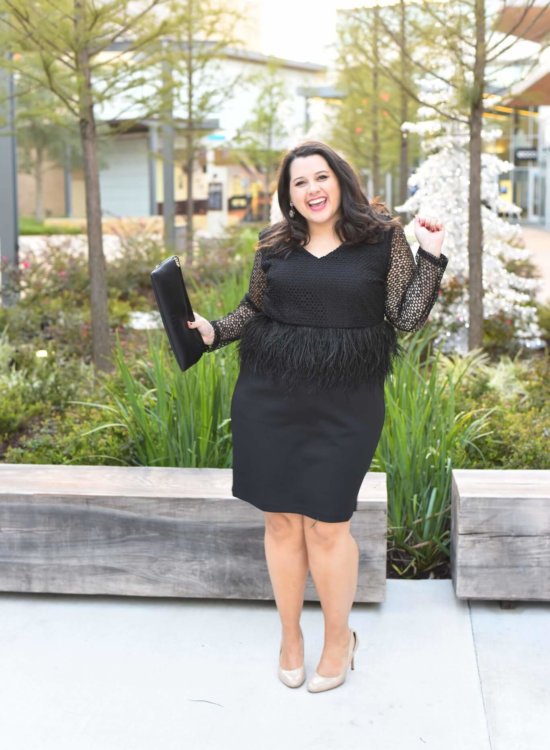 Emily from Something Gold, Something Blue is sharing her formal holiday party outfit including fabulous nude pumps, a gorgeous black lace and feather peplum dress and red crystal statement earrings. - @emilySGSB