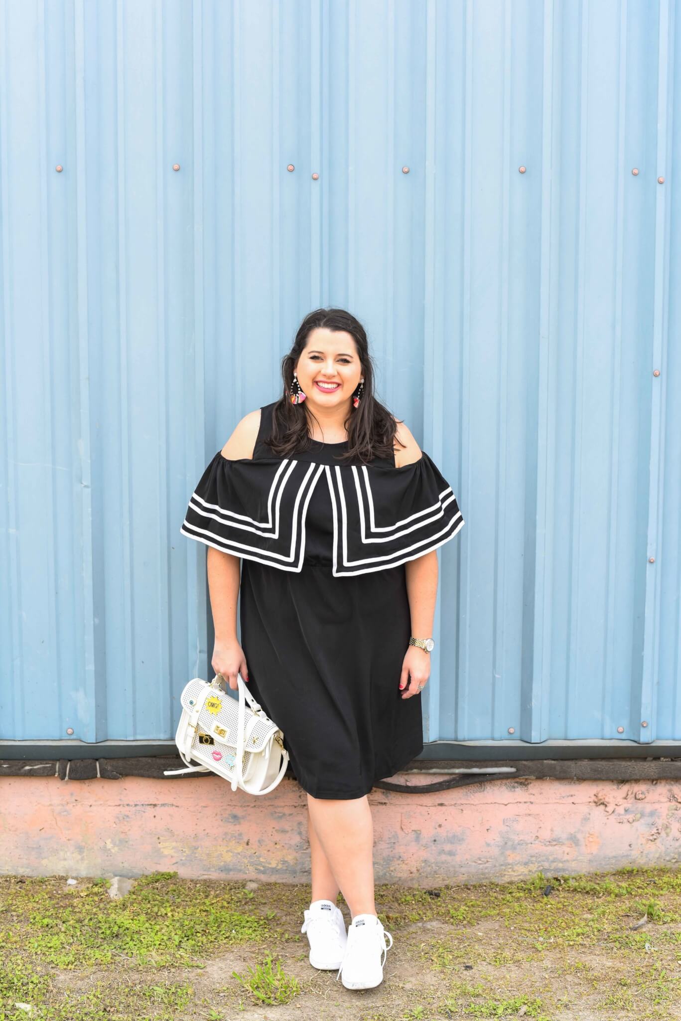 The Internet can be a powerful tool and today the song, You Will Be Found, from the Broadway musical, Dear Evan Hansen, inspired me to write about some of my insecurities while sharing my spring style. Curvy style, plus size fashion, cold shoulder dress, how to style sneakers, statement earrings