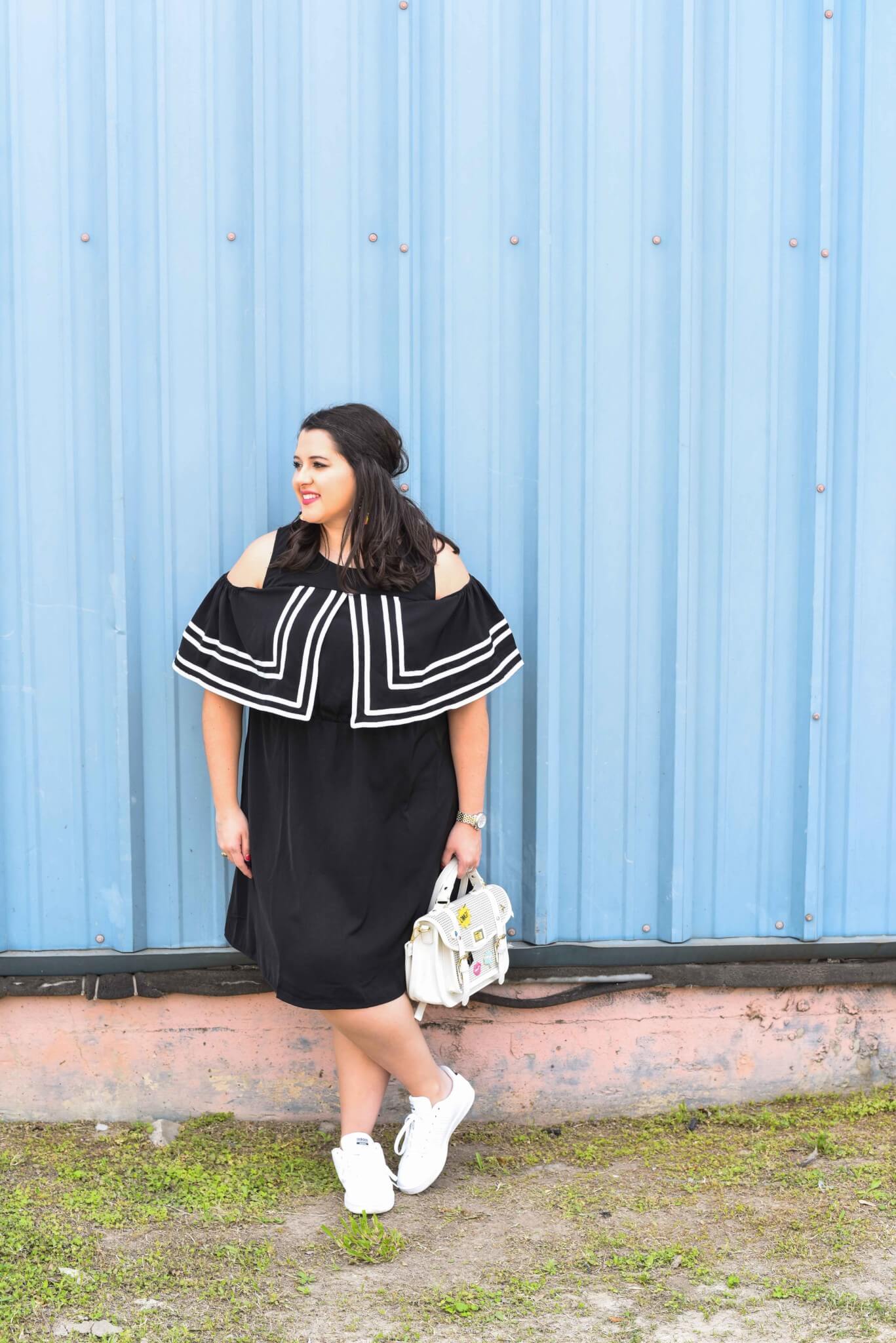 The Internet can be a powerful tool and today the song, You Will Be Found, from the Broadway musical, Dear Evan Hansen, inspired me to talk about my love-hate relaitionship with the Internet while sharing my spring style. Curvy style, plus size fashion, cold shoulder dress, how to style sneakers, statement earrings
