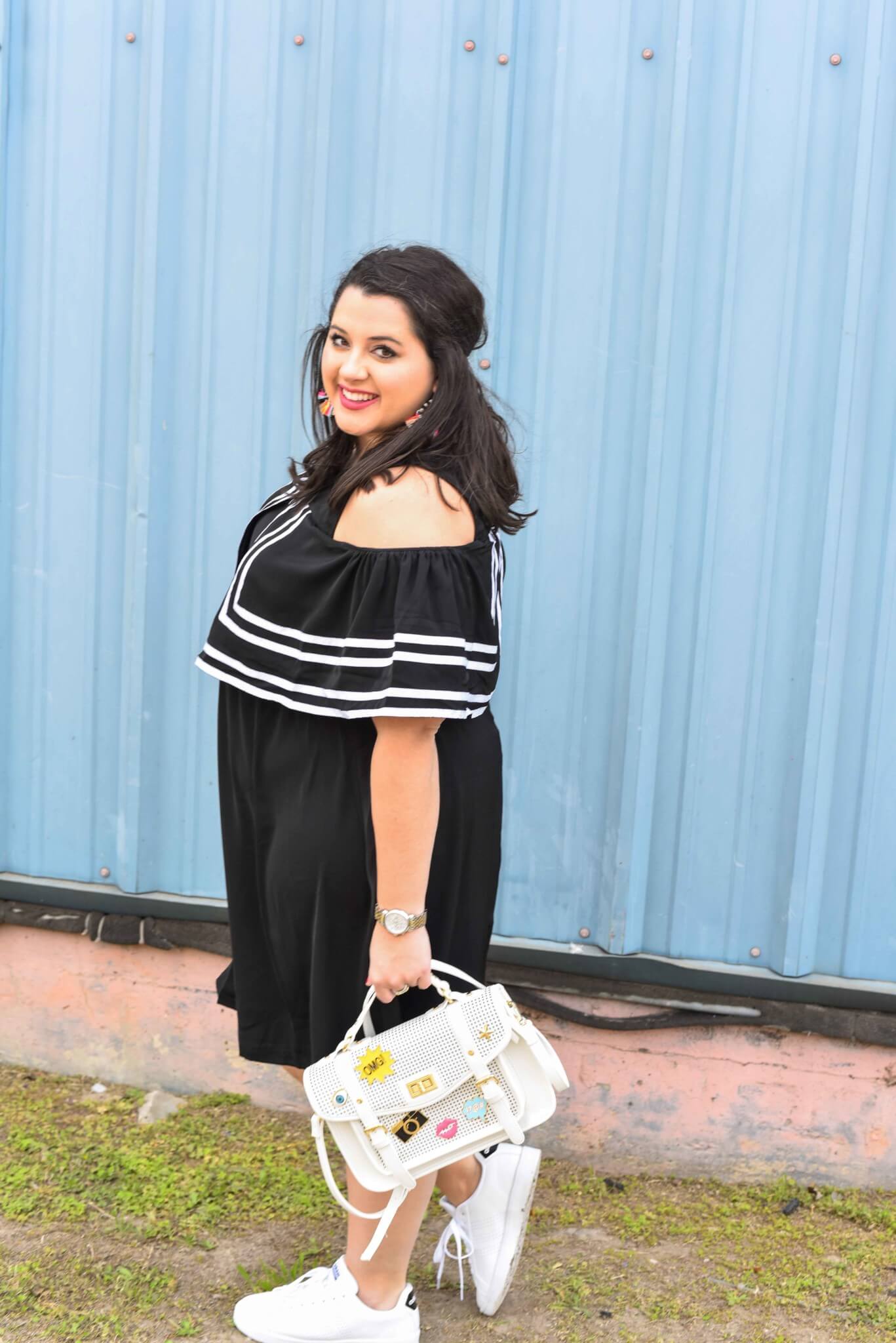 The Internet can be a powerful tool and today the song, You Will Be Found, from the Broadway musical, Dear Evan Hansen, inspired me to write about some of my insecurities while sharing my spring style. Curvy style, plus size fashion, cold shoulder dress, how to style sneakers, statement earrings