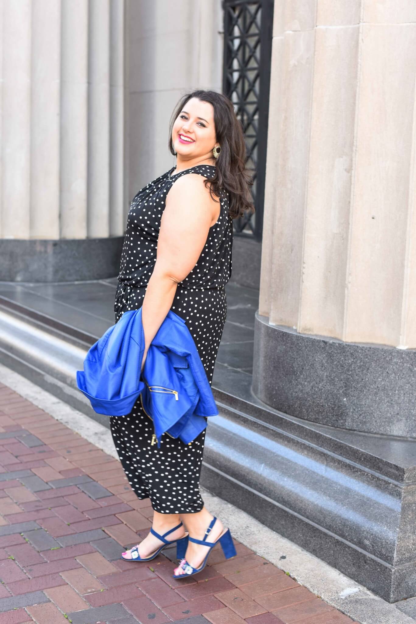Wearing a jumpsuit as a curvy woman was never something I thought I would be able to pull off, but this black jumpsuit is the perfect spring style staple in my wardrobe. Not only does it look chic, it's also effortless to wear. Curvy style and plus size fashion trends brought to you by Emily from the blog, Something Gold, Something Blue. 