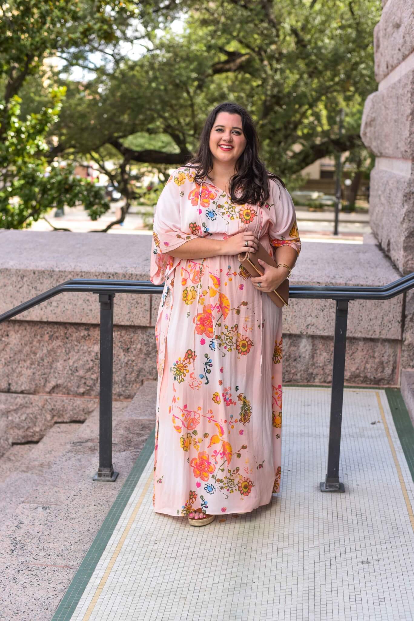 Looking for the perfect date night outfit? A beautiful printed maxi dress goes easily from day to night. #datenight #plussizefashion - Gwynnie Bee outfit by popular Houston fashion blogger Something Gold, Something Blue