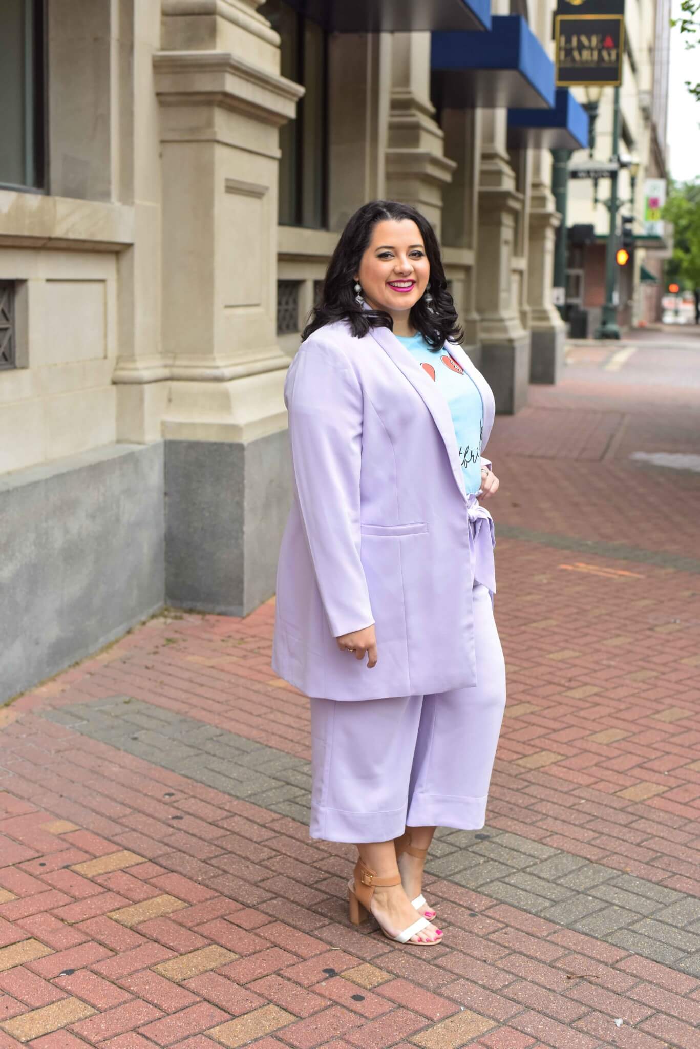 Lavender suit styled by popular Houston curvy fashion blogger, Something Gold, Something Blue
