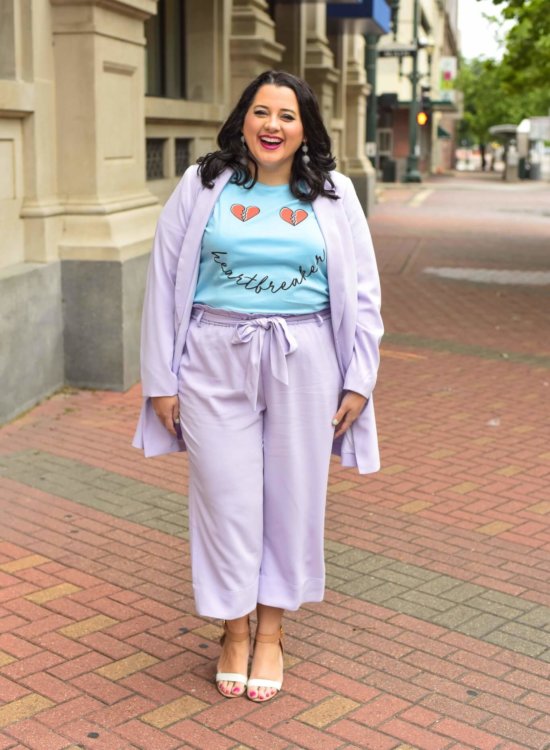 Lavender suit styled by popular Houston curvy fashion blogger, Something Gold, Something Blue