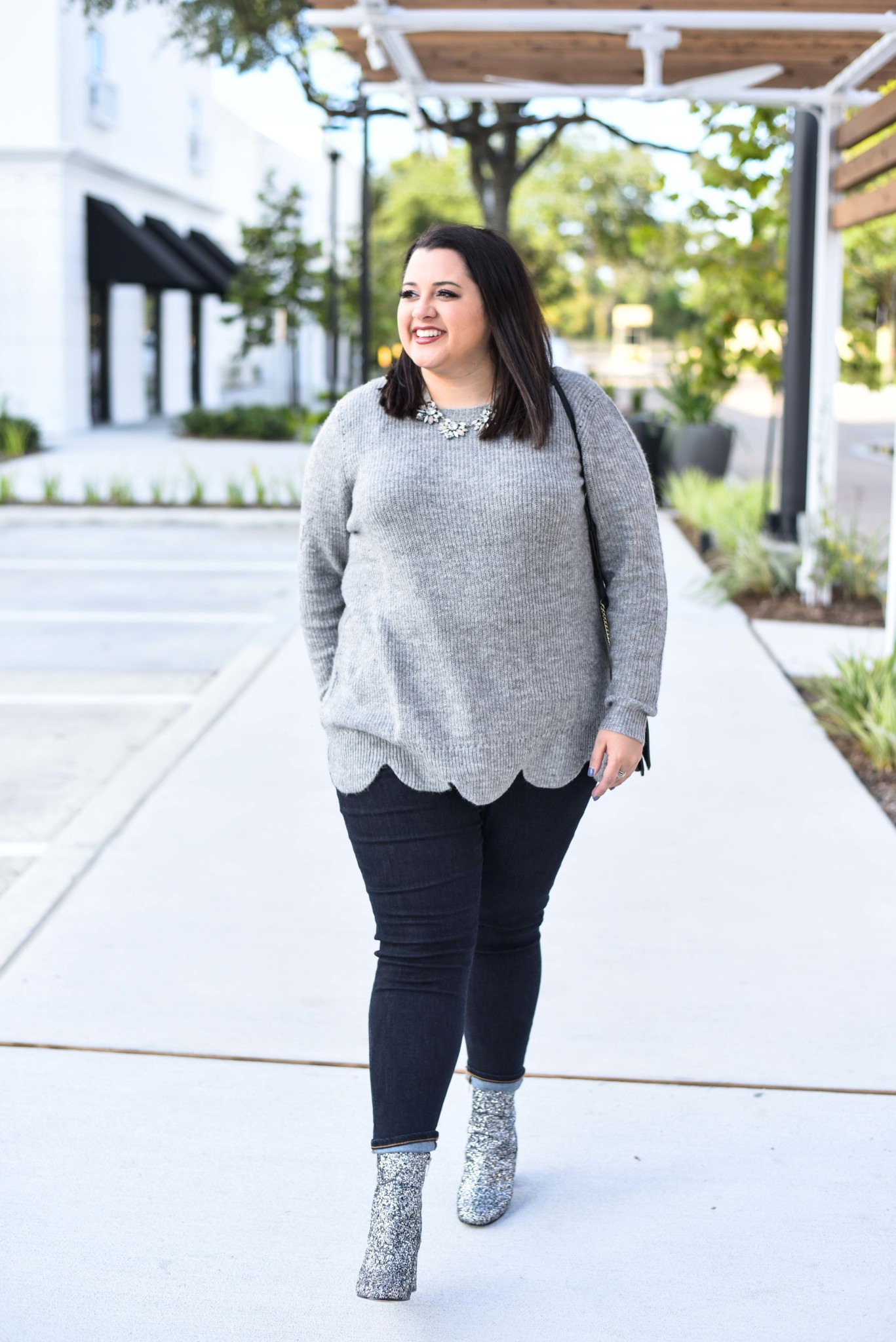 Soft grey scallop sweater on sale during Cyber Week