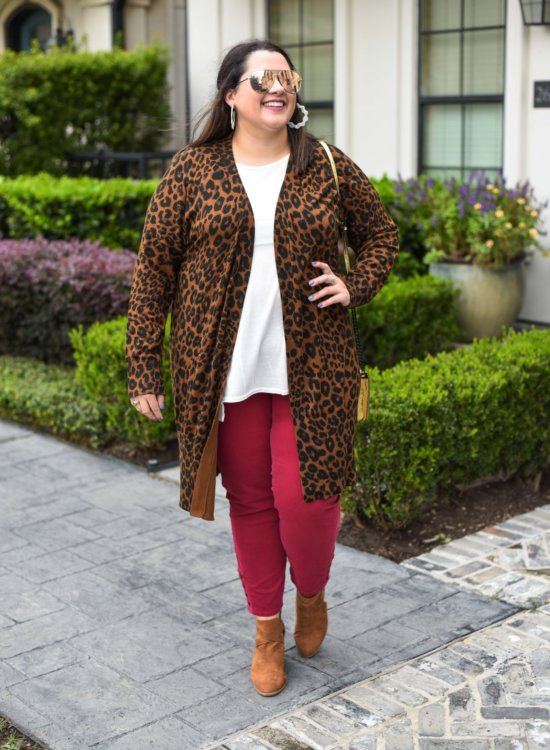 Leopard Cardigan with Red Pants