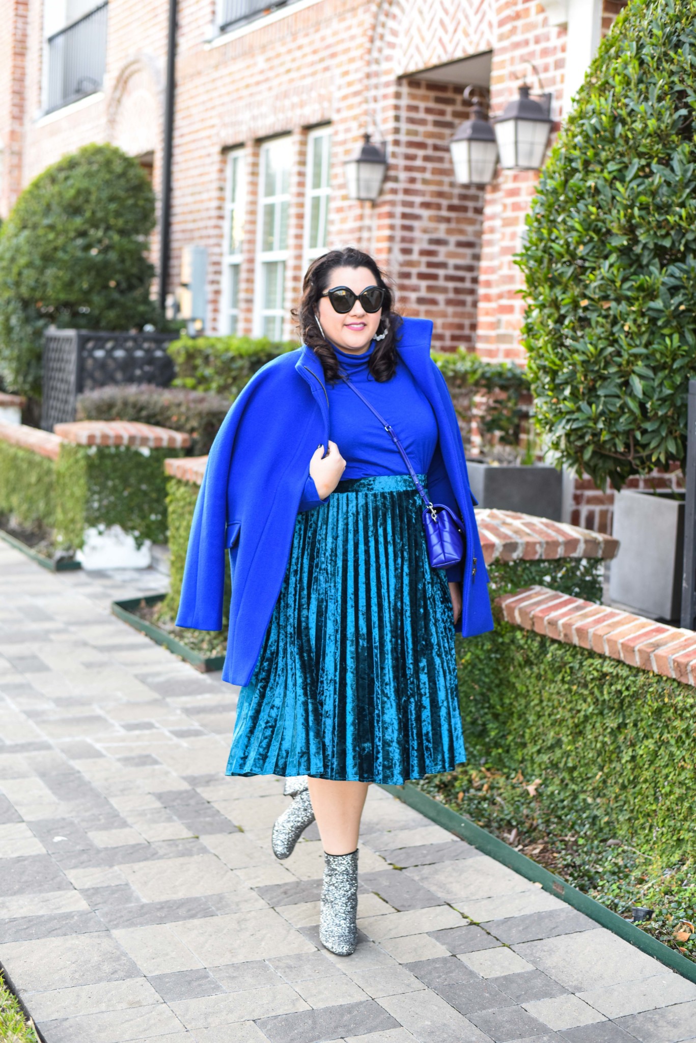 Wearing all blue and taking advantage of the monochromatic trend