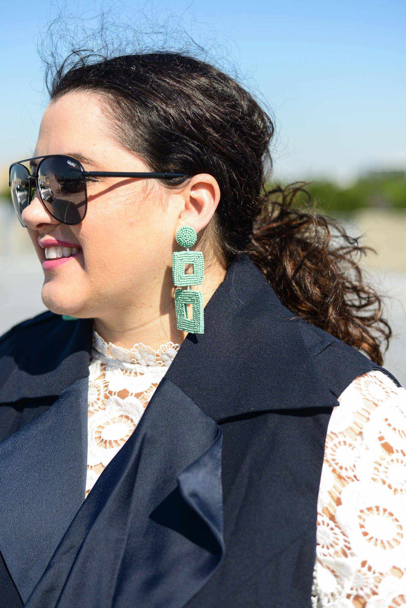 Teal square statement earring
