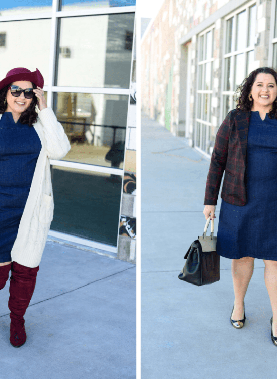 Two ways to style a denim shift dress