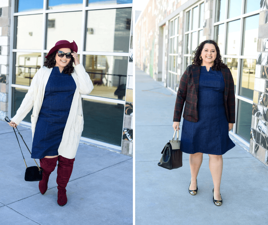 Two ways to style a denim shift dress 