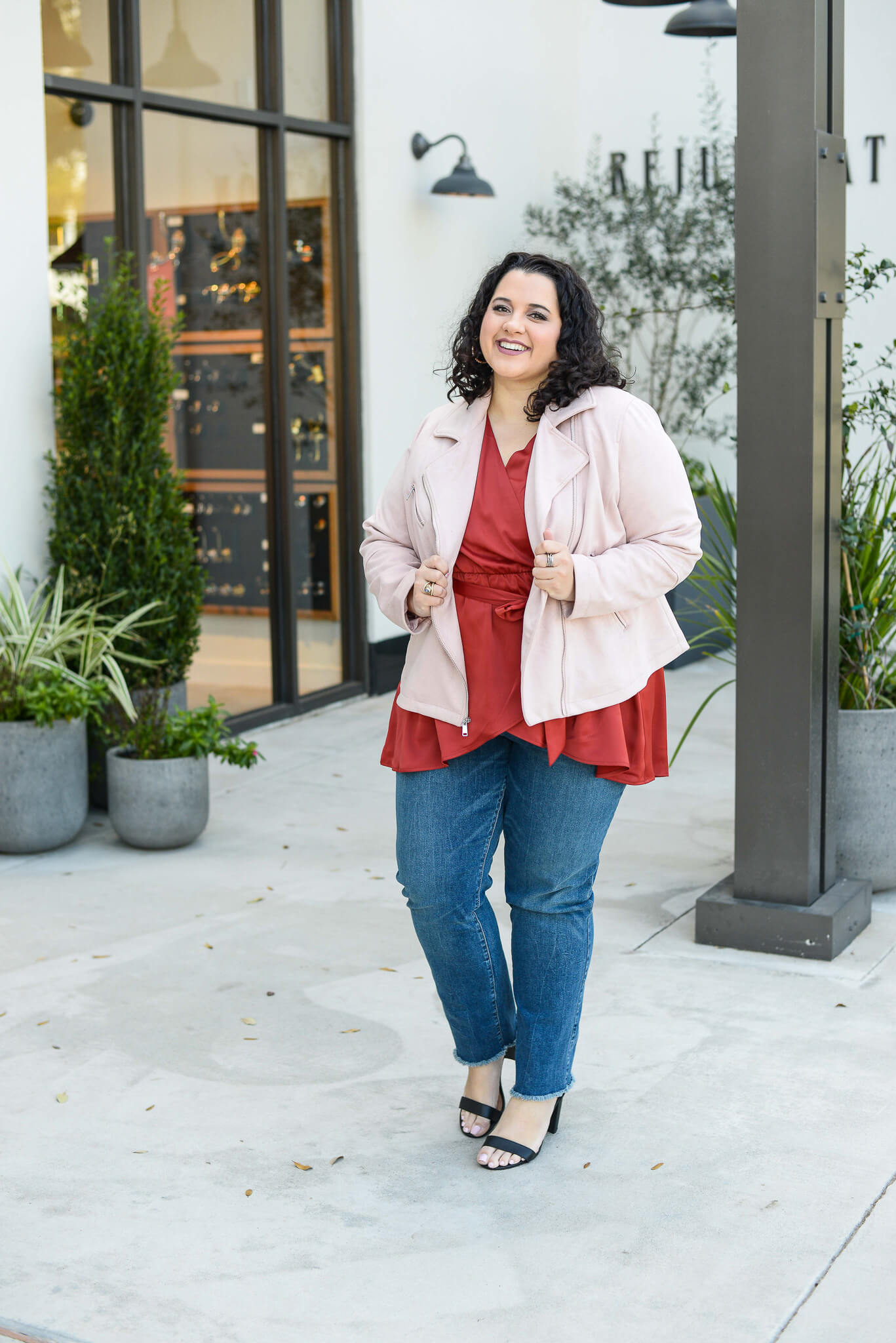 A faux suede pink moto jacket is perfect for date night