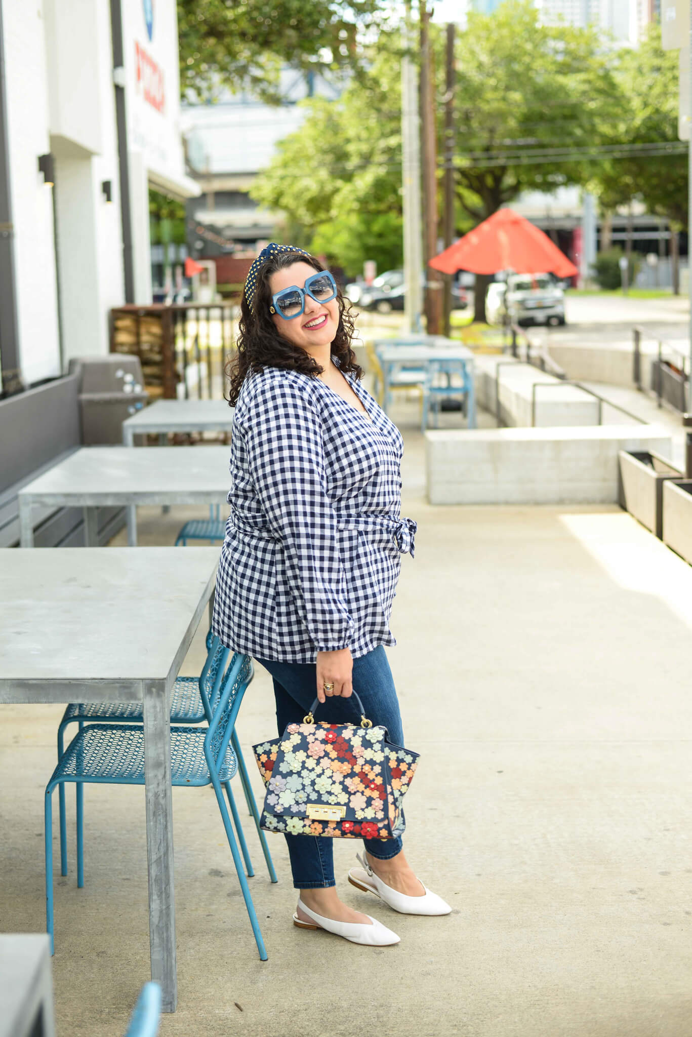 Plus size blue and white gingham top