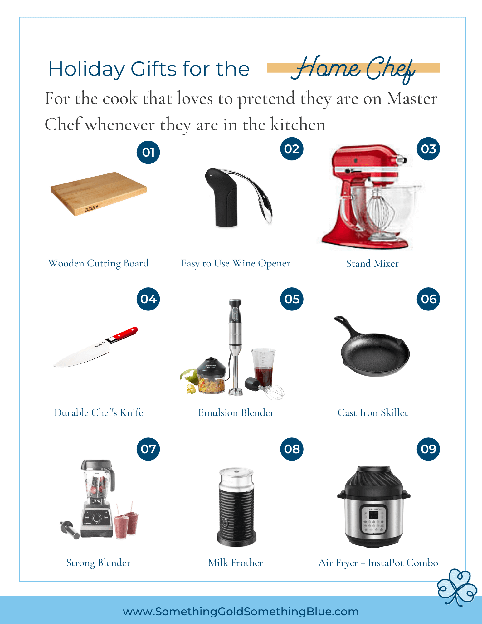 Gift Guide for the amateur home cook who thinks they are a James Beard Chef. These kitchen essentials are everything they are wishing that will be under the tree. 