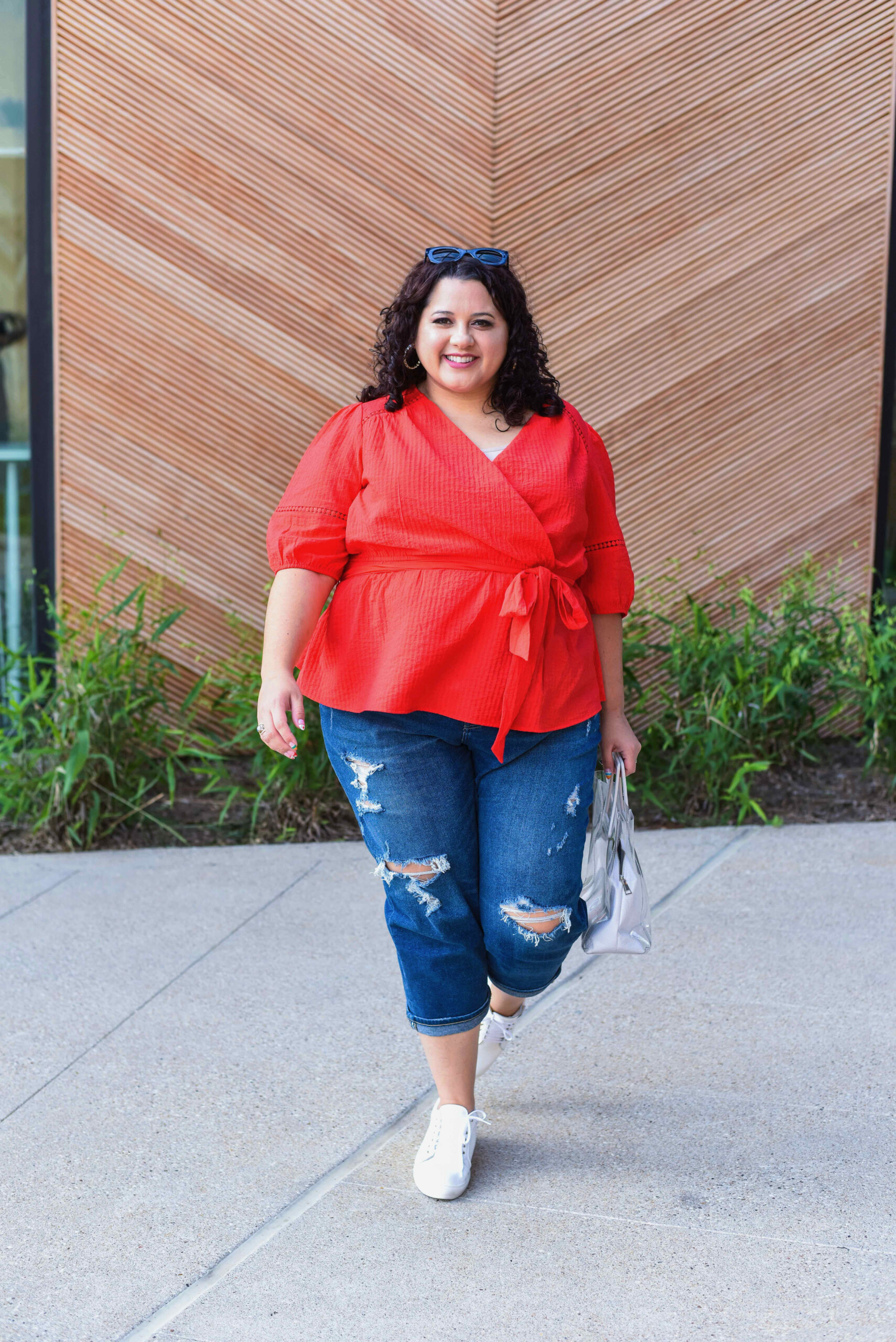Red peplum tie top and casual blue jeans make for the perfect Memorial Day outfit. 